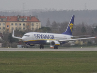 A Ryanair plane is taxiing on the airport tarmac at Lech Walesa Airport (EPGD) in Gdansk, Poland, on April 1, 2024. (