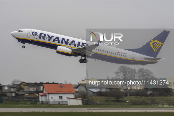 A Ryanair (SP-RST) plane is taking off from the airport tarmac at Lech Walesa Airport (EPGD) in Gdansk, Poland, on April 1, 2024. 