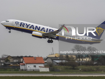 A Ryanair (SP-RST) plane is taking off from the airport tarmac at Lech Walesa Airport (EPGD) in Gdansk, Poland, on April 1, 2024. (