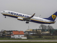 A Ryanair (SP-RST) plane is taking off from the airport tarmac at Lech Walesa Airport (EPGD) in Gdansk, Poland, on April 1, 2024. (