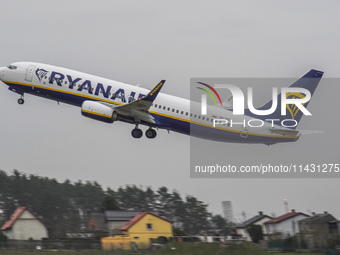 A Ryanair (SP-RST) plane is taking off from the airport tarmac at Lech Walesa Airport (EPGD) in Gdansk, Poland, on April 1, 2024. (