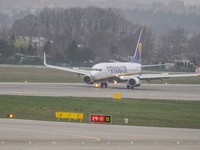 A Ryanair (SP-RST) plane is taking off from the airport tarmac at Lech Walesa Airport (EPGD) in Gdansk, Poland, on April 1, 2024. (