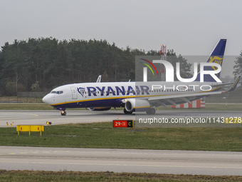 A Ryanair plane is taxiing on the airport tarmac at Lech Walesa Airport (EPGD) in Gdansk, Poland, on April 1, 2024. (