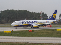 A Ryanair plane is taxiing on the airport tarmac at Lech Walesa Airport (EPGD) in Gdansk, Poland, on April 1, 2024. (