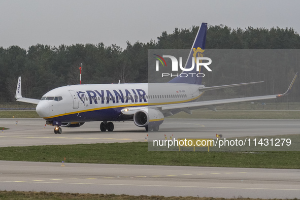 A Ryanair plane is taxiing on the airport tarmac at Lech Walesa Airport (EPGD) in Gdansk, Poland, on April 1, 2024. 