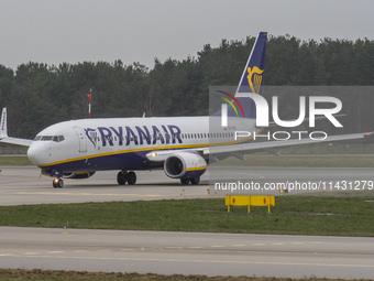 A Ryanair plane is taxiing on the airport tarmac at Lech Walesa Airport (EPGD) in Gdansk, Poland, on April 1, 2024. (