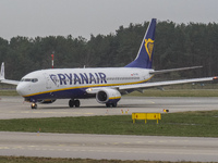 A Ryanair plane is taxiing on the airport tarmac at Lech Walesa Airport (EPGD) in Gdansk, Poland, on April 1, 2024. (