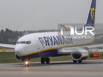 A Ryanair plane is taxiing on the airport tarmac at Lech Walesa Airport (EPGD) in Gdansk, Poland, on April 1, 2024. (