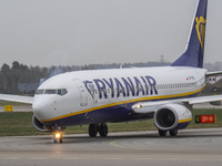 A Ryanair plane is taxiing on the airport tarmac at Lech Walesa Airport (EPGD) in Gdansk, Poland, on April 1, 2024. (