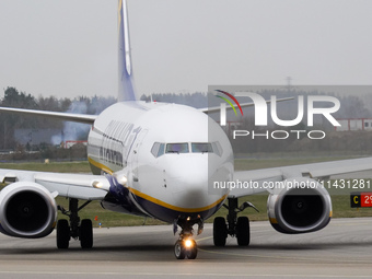 A Ryanair plane is taxiing on the airport tarmac at Lech Walesa Airport (EPGD) in Gdansk, Poland, on April 1, 2024. (