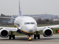 A Ryanair plane is taxiing on the airport tarmac at Lech Walesa Airport (EPGD) in Gdansk, Poland, on April 1, 2024. (