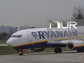 A Ryanair plane is taxiing on the airport tarmac at Lech Walesa Airport (EPGD) in Gdansk, Poland, on April 1, 2024. (