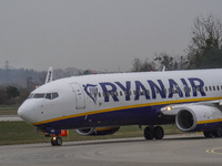 A Ryanair plane is taxiing on the airport tarmac at Lech Walesa Airport (EPGD) in Gdansk, Poland, on April 1, 2024. (