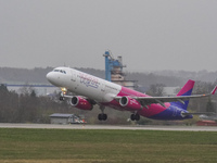 A Wizzair plane is taking off from the airport tarmac at Lech Walesa Airport (EPGD) in Gdansk, Poland, on April 1, 2024. (