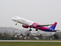 A Wizzair plane is taking off from the airport tarmac at Lech Walesa Airport (EPGD) in Gdansk, Poland, on April 1, 2024. (