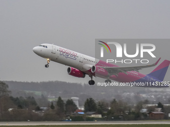 A Wizzair plane is taking off from the airport tarmac at Lech Walesa Airport (EPGD) in Gdansk, Poland, on April 1, 2024. (