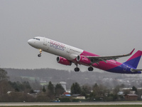 A Wizzair plane is taking off from the airport tarmac at Lech Walesa Airport (EPGD) in Gdansk, Poland, on April 1, 2024. (