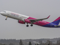 A Wizzair plane is taking off from the airport tarmac at Lech Walesa Airport (EPGD) in Gdansk, Poland, on April 1, 2024. (