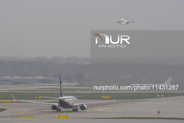 A Ryanair plane is taxiing on the airport tarmac at Lech Walesa Airport (EPGD) in Gdansk, Poland, on April 1, 2024. 