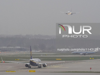 A Ryanair plane is taxiing on the airport tarmac at Lech Walesa Airport (EPGD) in Gdansk, Poland, on April 1, 2024. (