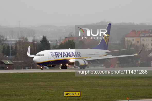 A Ryanair plane is taxiing on the airport tarmac at Lech Walesa Airport (EPGD) in Gdansk, Poland, on April 1, 2024. 