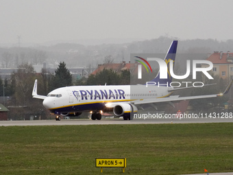 A Ryanair plane is taxiing on the airport tarmac at Lech Walesa Airport (EPGD) in Gdansk, Poland, on April 1, 2024. (