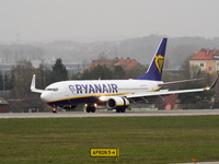 A Ryanair plane is taxiing on the airport tarmac at Lech Walesa Airport (EPGD) in Gdansk, Poland, on April 1, 2024. (