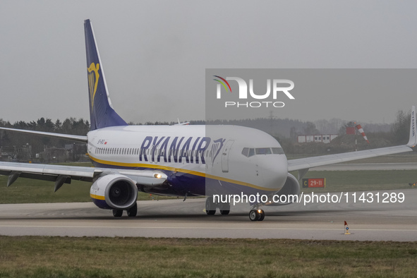 A Ryanair plane is taxiing on the airport tarmac at Lech Walesa Airport (EPGD) in Gdansk, Poland, on April 1, 2024. 