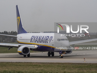 A Ryanair plane is taxiing on the airport tarmac at Lech Walesa Airport (EPGD) in Gdansk, Poland, on April 1, 2024. (