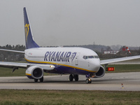 A Ryanair plane is taxiing on the airport tarmac at Lech Walesa Airport (EPGD) in Gdansk, Poland, on April 1, 2024. (