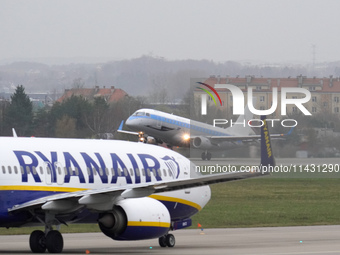 A PLL LOT (SP-LIM) plane is taking off from the airport tarmac at Lech Walesa Airport (EPGD) in Gdansk, Poland, on April 1, 2024. (