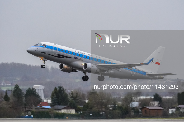 A PLL LOT (SP-LIM) plane is taking off from the airport tarmac at Lech Walesa Airport (EPGD) in Gdansk, Poland, on April 1, 2024. 