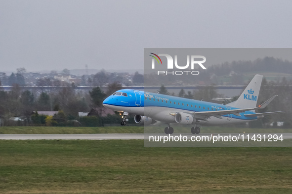 A KLM Cityhopper plane is taking off from the airport tarmac at Lech Walesa Airport (EPGD) in Gdansk, Poland, on April 1, 2024. 