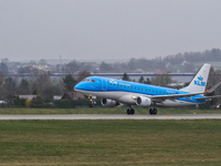 A KLM Cityhopper plane is taking off from the airport tarmac at Lech Walesa Airport (EPGD) in Gdansk, Poland, on April 1, 2024. (