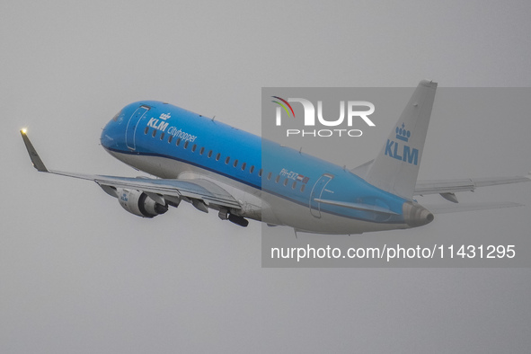 A KLM Cityhopper plane is taking off from the airport tarmac at Lech Walesa Airport (EPGD) in Gdansk, Poland, on April 1, 2024. 