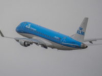 A KLM Cityhopper plane is taking off from the airport tarmac at Lech Walesa Airport (EPGD) in Gdansk, Poland, on April 1, 2024. (