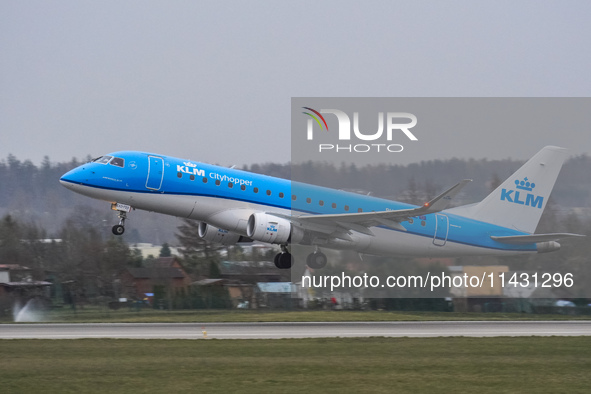 A KLM Cityhopper plane is taking off from the airport tarmac at Lech Walesa Airport (EPGD) in Gdansk, Poland, on April 1, 2024. 