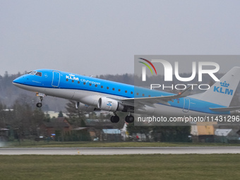 A KLM Cityhopper plane is taking off from the airport tarmac at Lech Walesa Airport (EPGD) in Gdansk, Poland, on April 1, 2024. (