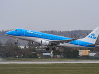 A KLM Cityhopper plane is taking off from the airport tarmac at Lech Walesa Airport (EPGD) in Gdansk, Poland, on April 1, 2024. (