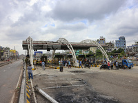 The burnt building of the Bangladesh Bridge Authority is being pictured after students set it on fire amid the ongoing anti-quota protest in...