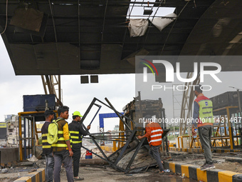 The burnt building of the Bangladesh Bridge Authority is being pictured after students set it on fire amid the ongoing anti-quota protest in...