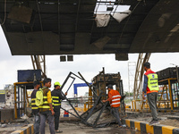 The burnt building of the Bangladesh Bridge Authority is being pictured after students set it on fire amid the ongoing anti-quota protest in...