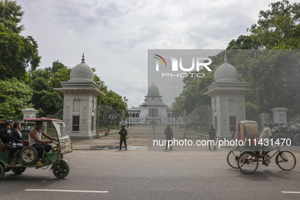 Bangladeshi military forces are patrolling on armored vehicles on the streets of Dhaka, Bangladesh, on July 22, 2024. 