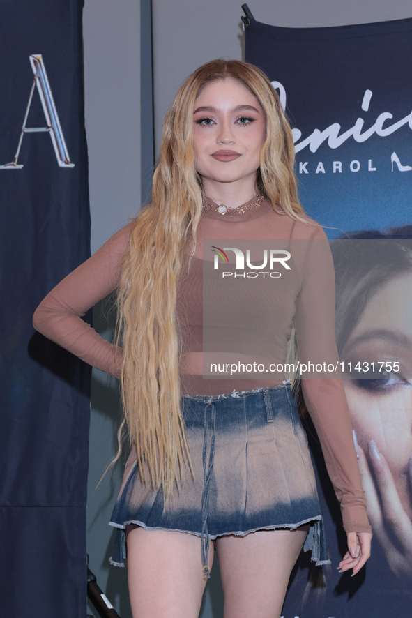 Mexican singer Karol Sevilla is posing during a press conference for the 'Luminova Tour' to promote her single ''Cenicienta'' at Belair Uniq...