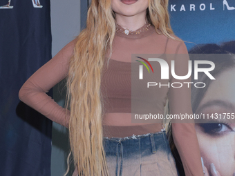 Mexican singer Karol Sevilla is posing during a press conference for the 'Luminova Tour' to promote her single ''Cenicienta'' at Belair Uniq...