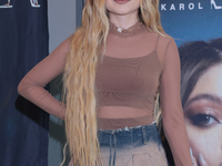 Mexican singer Karol Sevilla is posing during a press conference for the 'Luminova Tour' to promote her single ''Cenicienta'' at Belair Uniq...