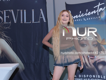 Mexican singer Karol Sevilla is posing during a press conference for the 'Luminova Tour' to promote her single ''Cenicienta'' at Belair Uniq...