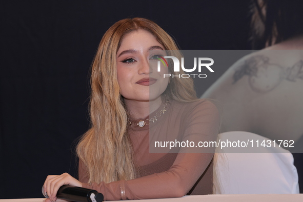 Mexican singer Karol Sevilla is speaking during a press conference for the 'Luminova Tour' and promoting her single ''Cenicienta'' at Belair...