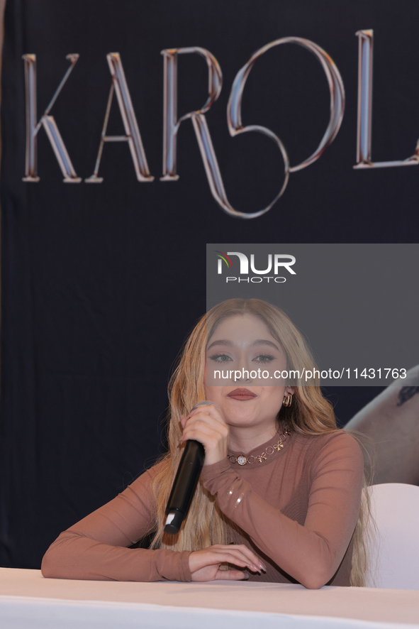 Mexican singer Karol Sevilla is speaking during a press conference for the 'Luminova Tour' and promoting her single ''Cenicienta'' at Belair...