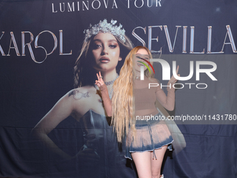 Mexican singer Karol Sevilla is posing during a press conference for the 'Luminova Tour' to promote her single ''Cenicienta'' at Belair Uniq...